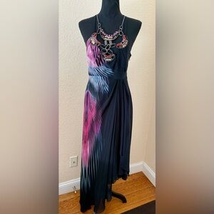 Karen Millen Aztec Style Beaded Asymmetrical Silk Halter Maxi Dress Size US 8